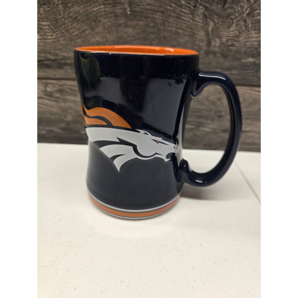 Denver Broncos NFL Boelter Brands Ceramic Coffee Mug Navy Blue Orange Relief
